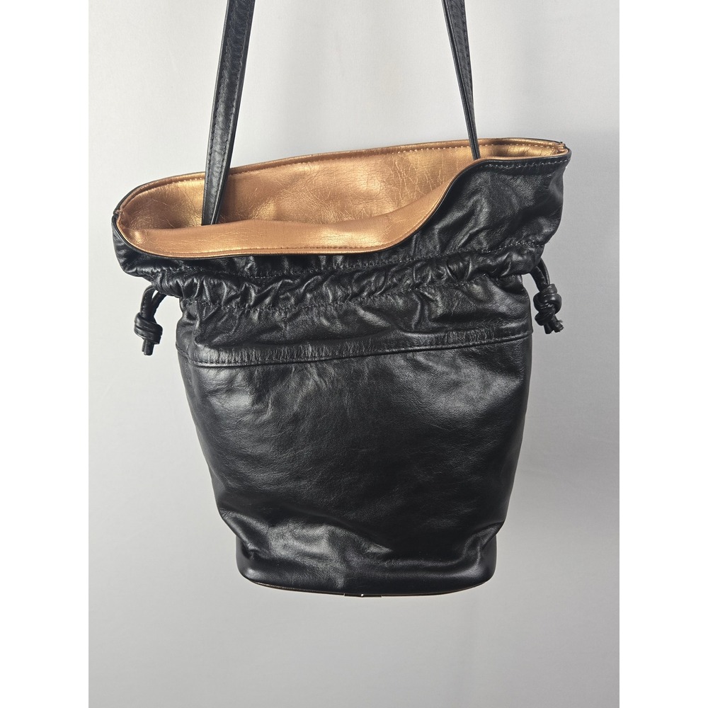 Vintage Black Leather Studded Medallion Bucket Bag Shoulder Purse Mixed Metal - Picture 3 of 9